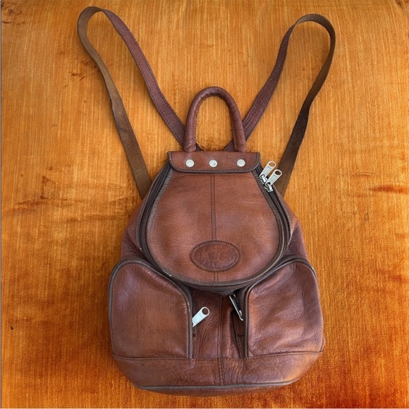 VTG Cognac Leather Backpack Bag • Rustic, Heritage Academia • Plaid Interior - Picture 5 of 11